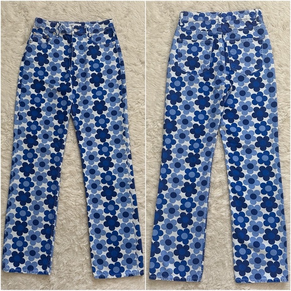Zara Jeans Straight Leg High Rise Daisy Print Boho Hippie Floral Blue White 4 - Picture 4 of 12
